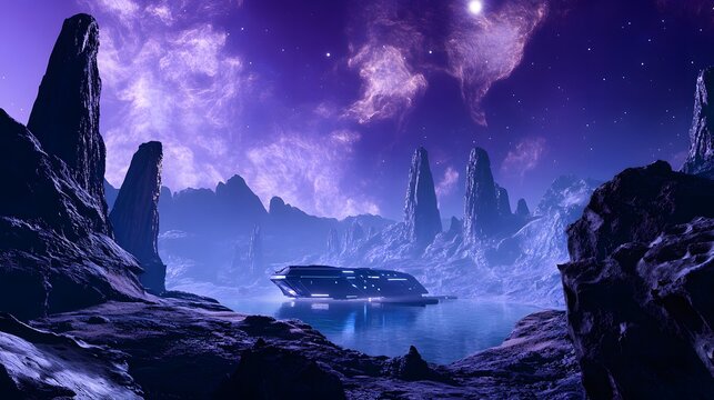 A futuristic spacecraft landing on an uncharted world, surrounded by jagged cliffs and an expansive alien ocean reflecting a sky filled with swirling nebulae. The ship&rsquo;s lights cast a soft glow 