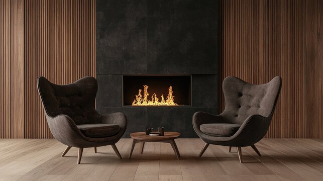 A pair of identical armchairs arranged symmetrically in front of a fireplace for a romantic vibe