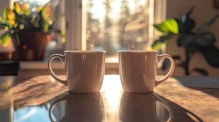 A pair of matching coffee mugs placed on a table, waiting for a warm drink to be poured