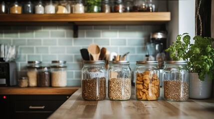 Fototapeta premium Glass jars filled with grains, snacks, and herbs in a modern kitchen setting