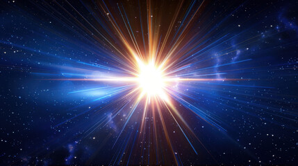 Fototapeta premium Bright starburst in deep space with radiant light beams and cosmic background. This stunning visual captures essence of universe beauty and mystery