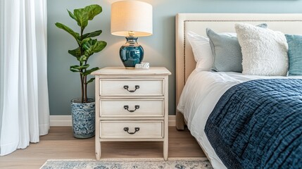 A pair of matching small tables placed symmetrically beside a bed with a soft lamp on top