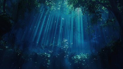 Obraz premium serene forest scene with beams of light filtering through dense foliage, creating mystical atmosphere. lush greenery and soft glow evoke sense of tranquility and wonder