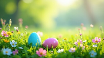 Pastel-colored eggs nestled in a vibrant spring meadow, bathed in the warm glow of the morning sun, representing renewal and the beauty of nature's awakening.