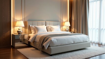 Serene Bedroom Interior Design Featuring a Plush Upholstered Bed, Soft Lighting, and Neutral Color Palette