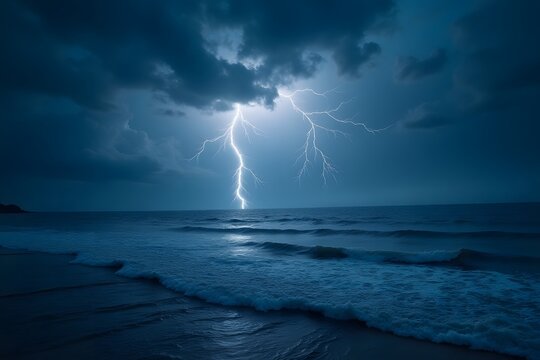 A storm rolling over a vast ocean, lightning illuminating the sky.