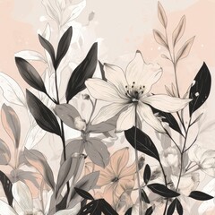 A clean design featuring hand-drawn botanical illustrations in black ink, combined with textured pastel brushstrokes