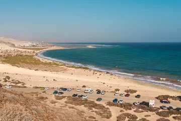Aerial view of Playa de Sotavento de Jandia in Fuerteventura, showcasing the long sandy beach, turquoise waters, and coastline