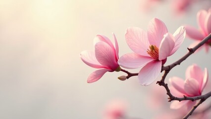 Delicate Pink Magnolia Blossoms in Soft Sunlight, a Symbol of Spring's Gentle Arrival and Renewal