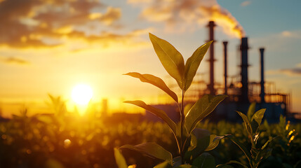 Tea Leaves at Sunset with Industrial Factory Background