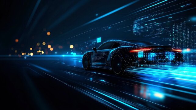 Futuristic Autonomous Vehicle Speeding Through a Digital Cityscape at Night