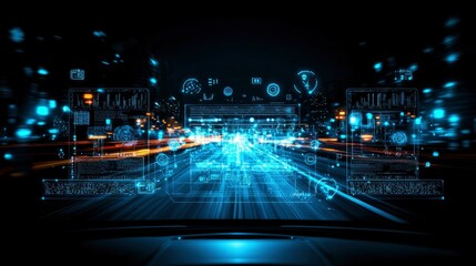 Fototapeta premium Futuristic Autonomous Vehicle Night Drive with HUD Interface
