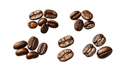 Naklejka premium Assorted coffee beans in different shapes and sizes, deep brown roasted coffee seeds isolated for café and beverage-related visuals