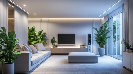 Modern minimalistic living room with elegant decor and abundant greenery under soft lighting