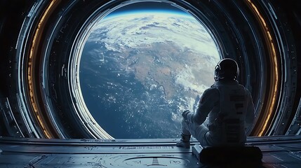 Astronaut Earth view spaceship window contemplation