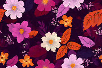 Trendy seamless vector floral pattern. Endless print made of hand draw flowers, leaves and berries. Summer and spring motifs. Black background. Vector illustration.