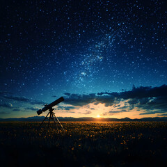 Telescope Silhouette at Sunset Against Starry Night Sky