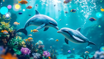 Obraz premium Two Dolphins Swimming in a Vibrant Coral Reef Underwater Scene
