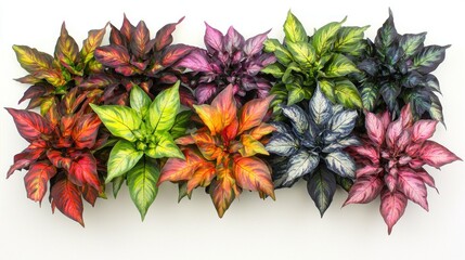 Fototapeta premium Colorful variegated plants arranged on white background