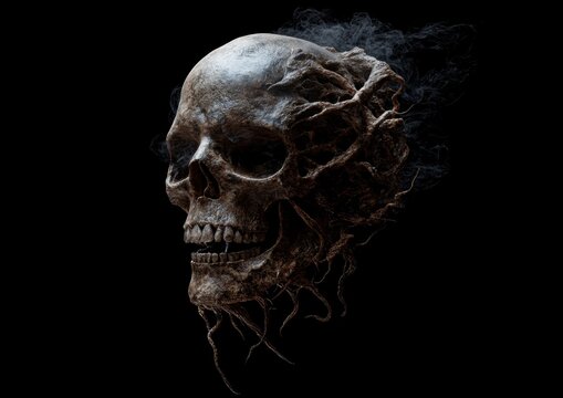 A detailed human skull emitting smoky tendrils on a pitch-black background