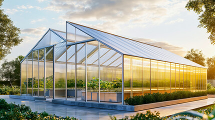 Obraz premium Modular Greenhouse with Transparent Polycarbonate Panels and Steel Framework for Scalable Design