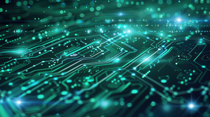 Digital circuit board with glowing lines and binary code, representing technology and innovation. vibrant green hues create futuristic atmosphere