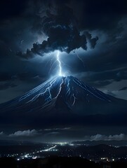 Dark and Fiery Volcano Engulfed in Lightning