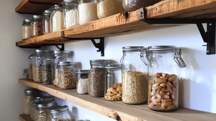 Organized Pantry with Glass Jars on Wooden Shelves Displaying Various Grains and Nuts