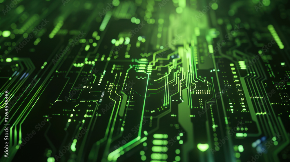 Poster close up view of green circuit board with intricate patterns and connections, showcasing technology 