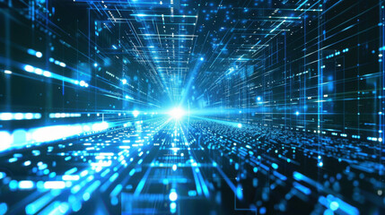 Fototapeta premium futuristic digital landscape with glowing blue lines and light beams, representing technology and data flow. scene evokes sense of speed and innovation