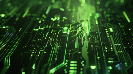 Obraz premium close up view of green circuit board with intricate patterns and connections, showcasing technology and innovation. glowing lines create futuristic atmosphere