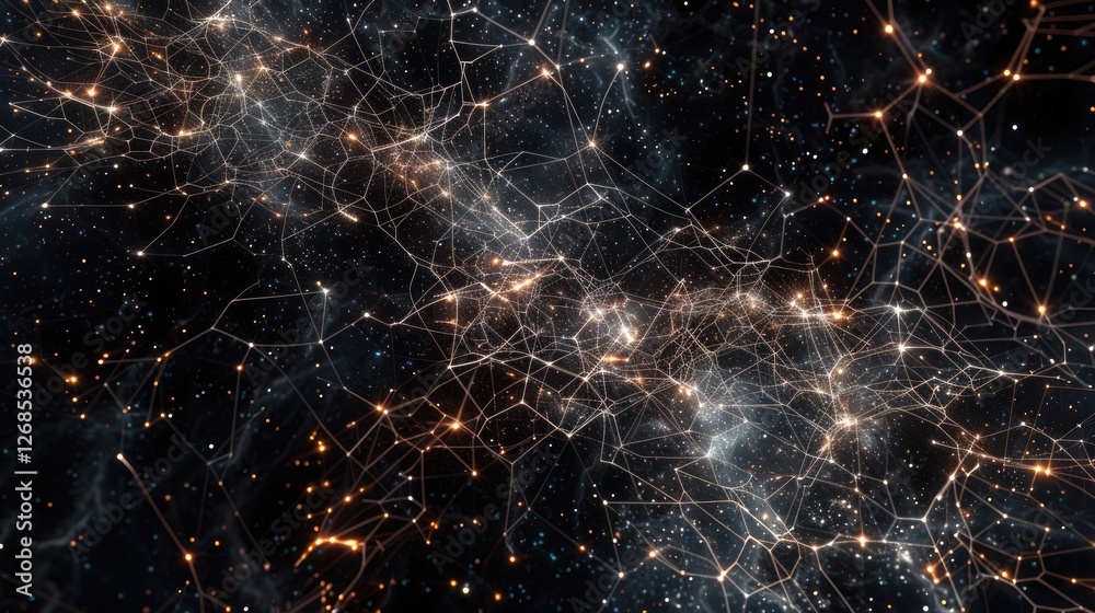 Poster explore a stunning visualization of nodes and links in a vast cosmic space, illustrating intricate c