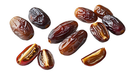 A set of fresh date fruits in different arrangements, natural sweet dried dates isolated on clean background