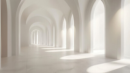 Fototapeta premium bright, minimalist interior featuring white arches and soft light creating serene atmosphere. spacious design emphasizes simplicity and elegance