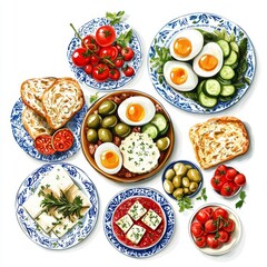 Healthy Breakfast Spread with Fresh Vegetables, Eggs, Olives and Bread on Decorative Plates