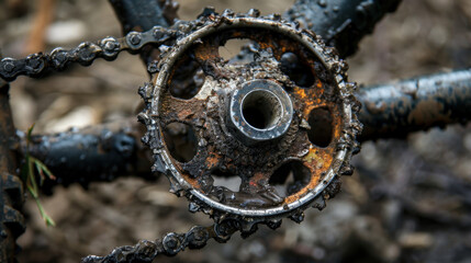 Rusty bicycle chainring with dirt and grime, showcasing wear and age. close up highlights intricate details of gear and chain, evoking sense of neglect and passage of time