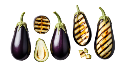 A set of fresh eggplants in different shapes and sizes, vibrant purple vegetables isolated on a clean PNG background