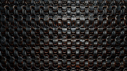 Textured metal surface with interlocking links, creating unique pattern. dark tones and intricate design evoke sense of industrial elegance and strength