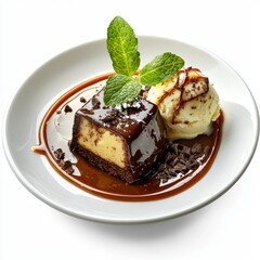 Decadent Chocolate Dessert with Creamy Vanilla Ice Cream and Mint Garnish on a White Plate