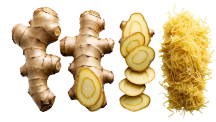 Ginger whole sliced pieces and shredded preparation stages PNG set