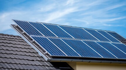 Naklejka premium Solar Panels on Roof Under Bright Blue Sky Design for Renewable Energy and Sustainability