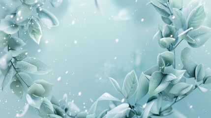 serene background featuring delicate green leaves with dew drops, creating calming atmosphere. Perfect for nature themed designs