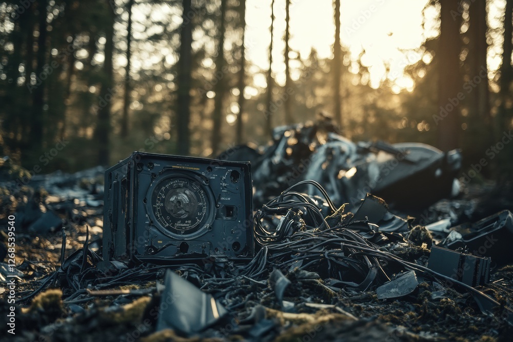 Poster black box recorder among wreckage in forest after airplane crash during late afternoon. generative a