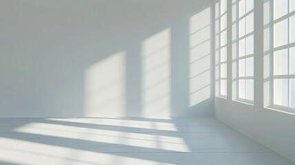 bright, minimalistic interior space with large windows casting soft shadows on floor, creating serene atmosphere