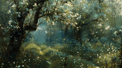 serene forest scene with blooming flowers and dappled sunlight filtering through trees, creating magical atmosphere