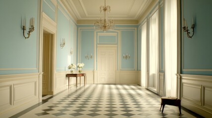 An elegant hallway adorned with classic wainscoting, a vintage chandelier hanging from the ceiling, and soft pastel colors creating a sophisticated ambiance