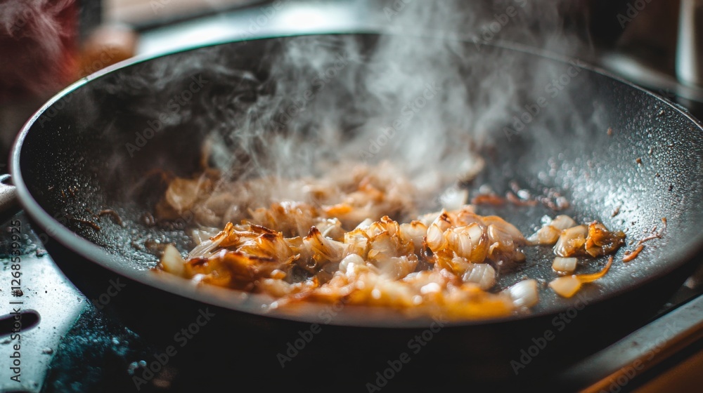 Poster an inviting image of shallots caramelizing in a pan, with golden brown colors and a hint of steam ri