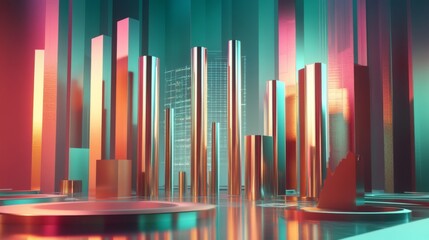 Obraz premium A D bar chart with metallic, gradient bars rising from a financial graph, showing growth and progress, with a modern digital interface in the background