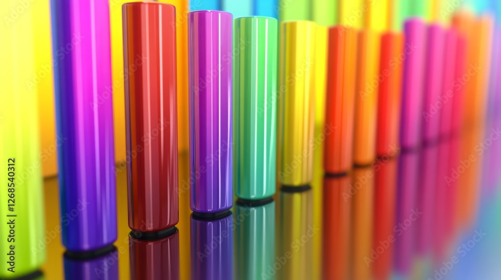 Poster a d bar graph with tall, glossy pillars in various colors rising from a reflective surface, symboliz