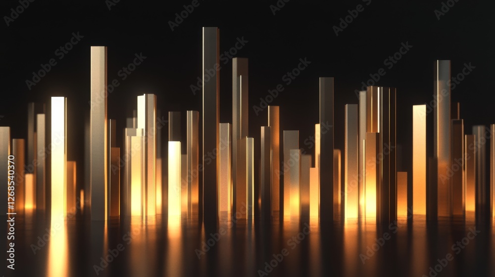 Poster A D financial bar chart with sleek, glowing bars rising dramatically against a dark backdrop, with subtle light effects highlighting the data